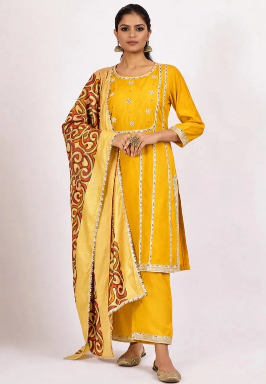 Mustard Yellow Embellished Kurta with Trousers and Printed Dupatta Set product_color KURTA SET