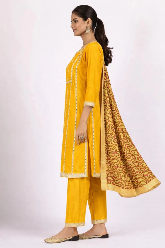 Mustard Yellow Embellished Kurta with Trousers and Printed Dupatta Set
