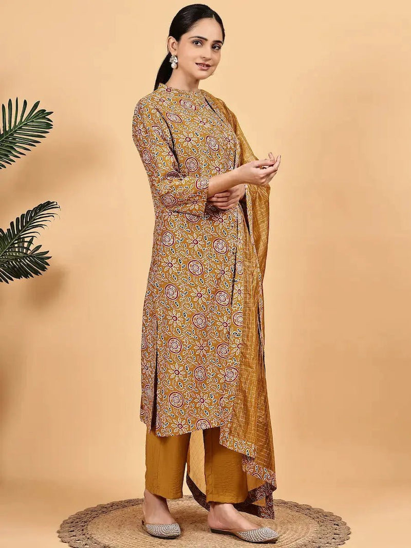 Mustard Yellow Viscose Blend Kurta Set with Lace Detailing