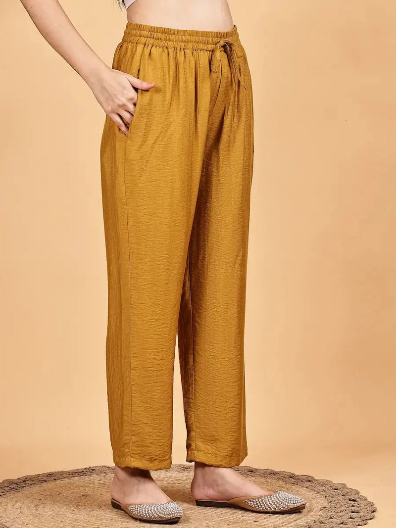 Mustard Yellow Viscose Blend Kurta Set with Lace Detailing