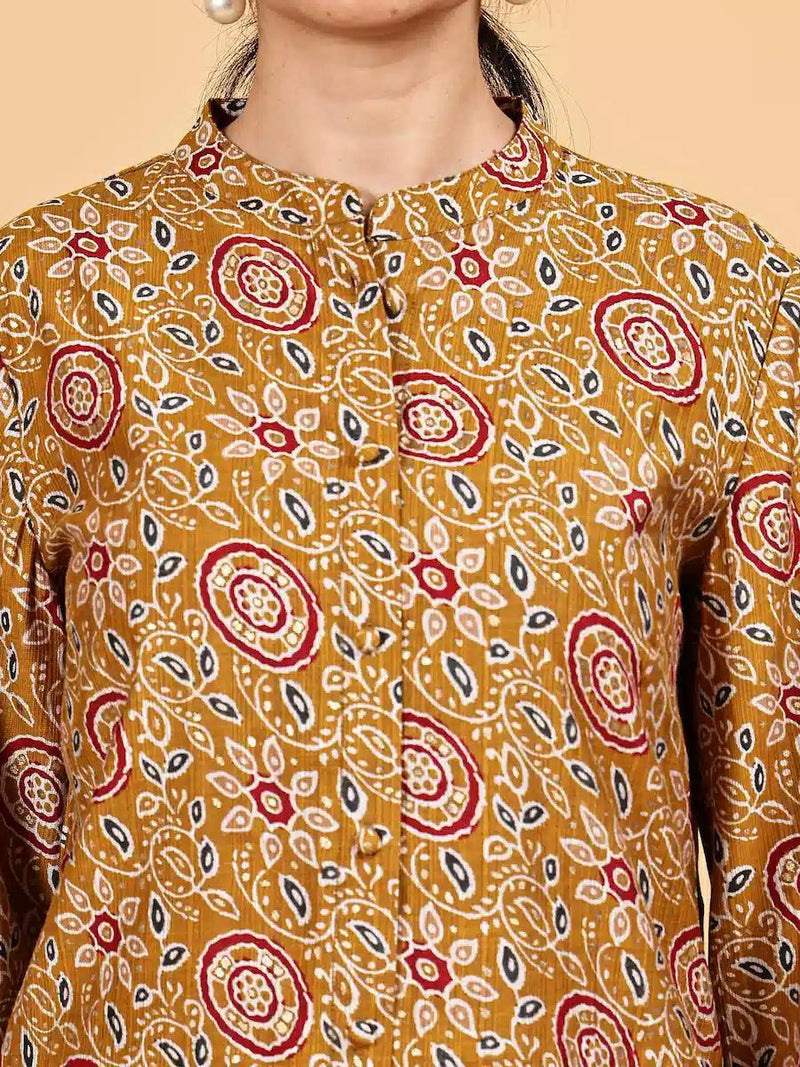 Mustard Yellow Viscose Blend Kurta Set with Lace Detailing
