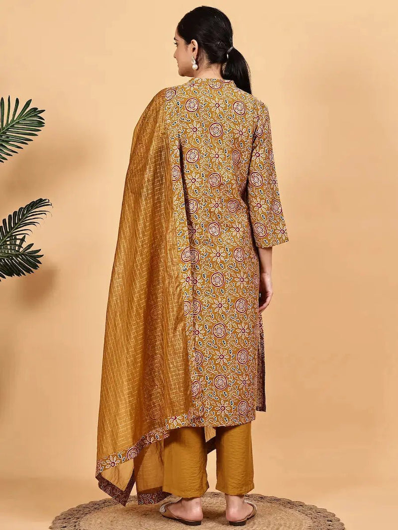 Mustard Yellow Viscose Blend Kurta Set with Lace Detailing