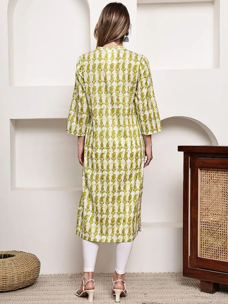 Mustered Green Floral Printed Straight Kurta for Women