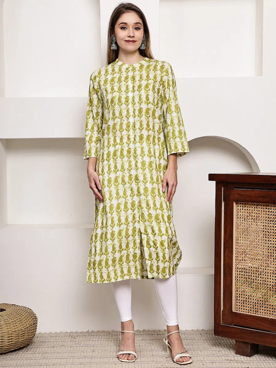 Mustered Green Floral Printed Straight Kurta for Women