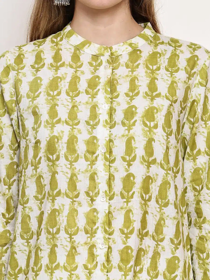 Mustered Green Floral Printed Straight Kurta for Women