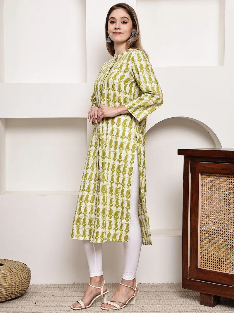 Mustered Green Floral Printed Straight Kurta for Women