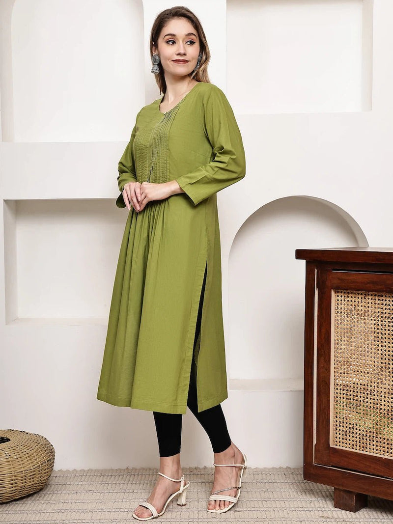 Mustered Green Pintuck A-Line Kurta for Women