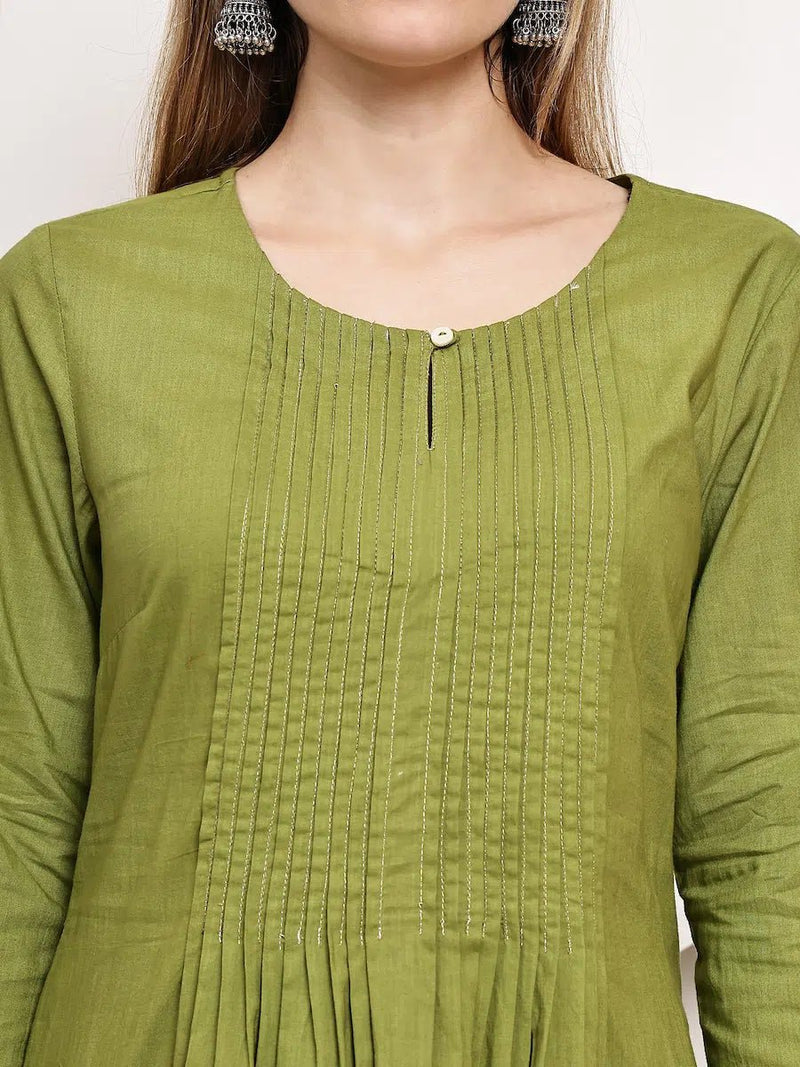Mustered Green Pintuck A-Line Kurta for Women