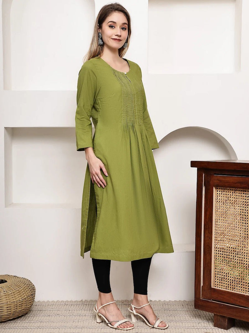 Mustered Green Pintuck A-Line Kurta for Women