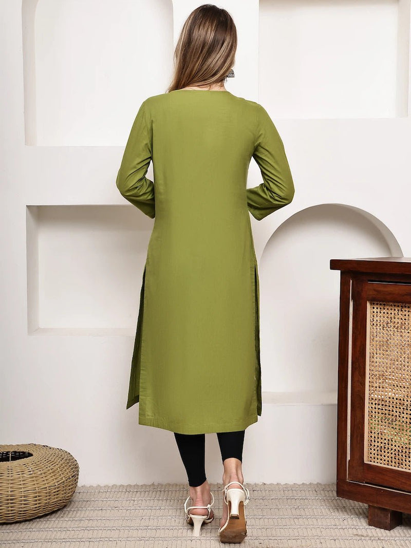 Mustered Green Pintuck A-Line Kurta for Women