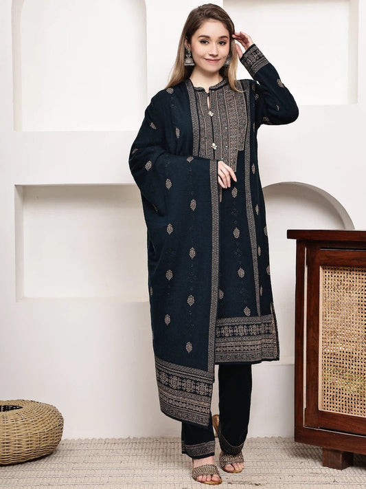 Navy Blue Acrylic Jacquard Kurta Set with Full Sleeves and Dupatta product_color Winter Wear