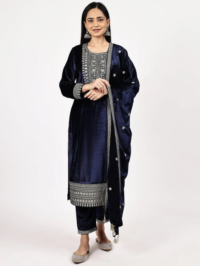 Navy Blue Embroidered Velvet Kurta Set with Dupatta product_color Winter Wear