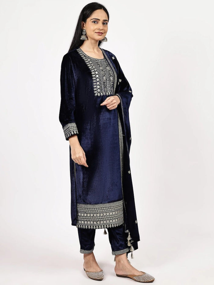 Navy Blue Embroidered Velvet Kurta Set with Dupatta
