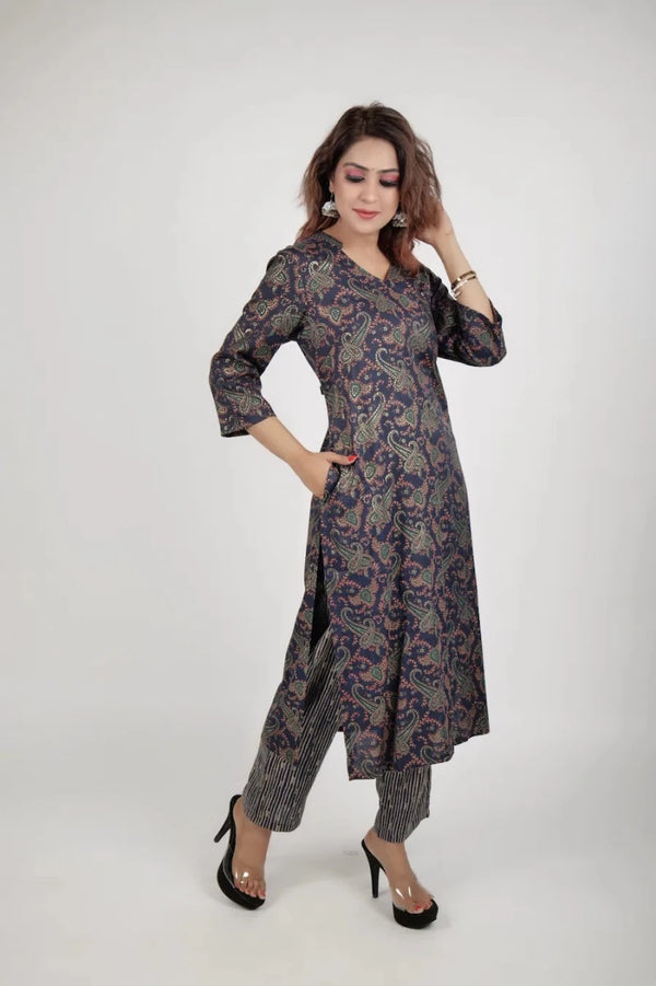 Navy Blue Floral Printed Shirt - Collar A - Line Kurta with Trousers product_color 2 Pcs Set