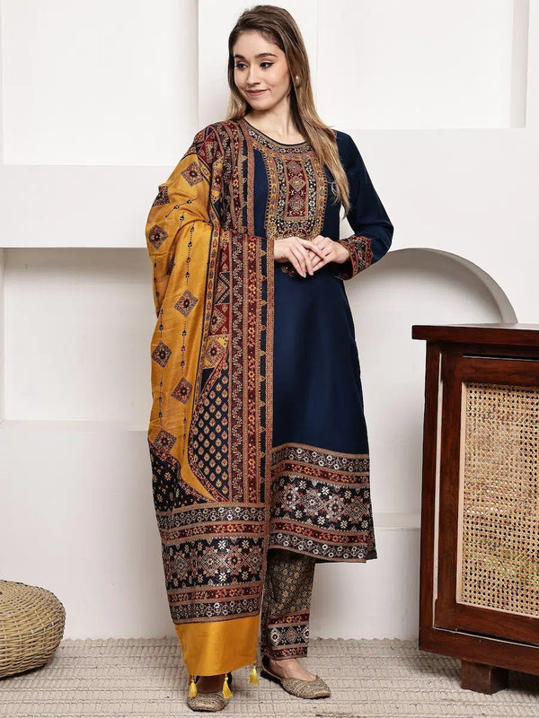 Navy Blue Jacquard Kurta Set with Mustard Dupatta product_color Winter Wear