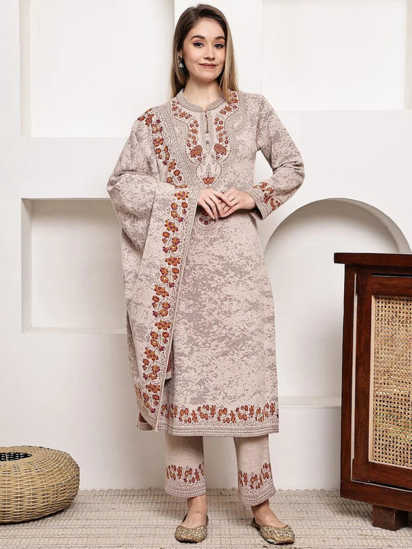 Neutral - Toned Acrylic Jacquard Kurta Set with Intricate Floral Borders product_color Winter Wear
