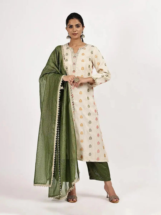 Off - White Kurta & Green Pants Set with Dupatta product_color KURTA SET