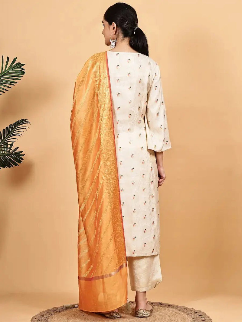 Off-White Kurta Pant Set with Contrast Dupatta