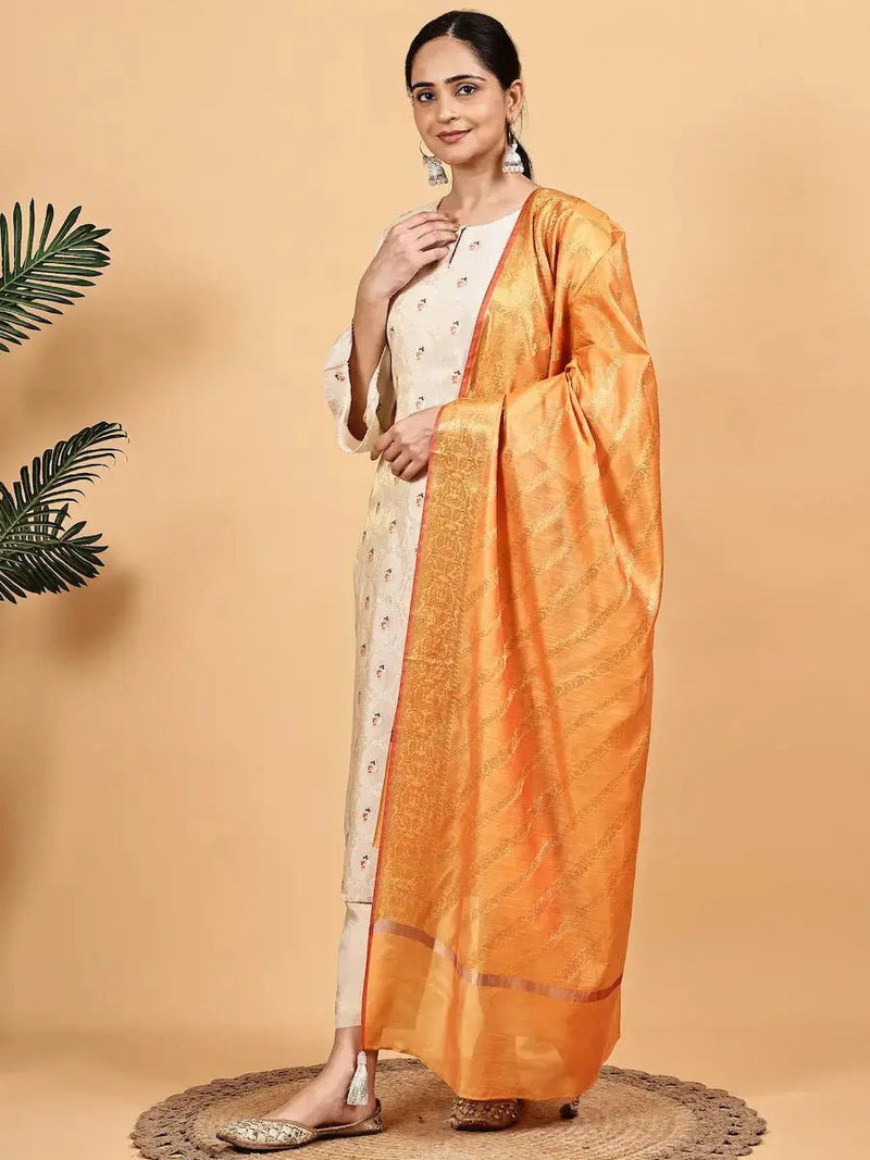 Off-White Kurta Pant Set with Contrast Dupatta