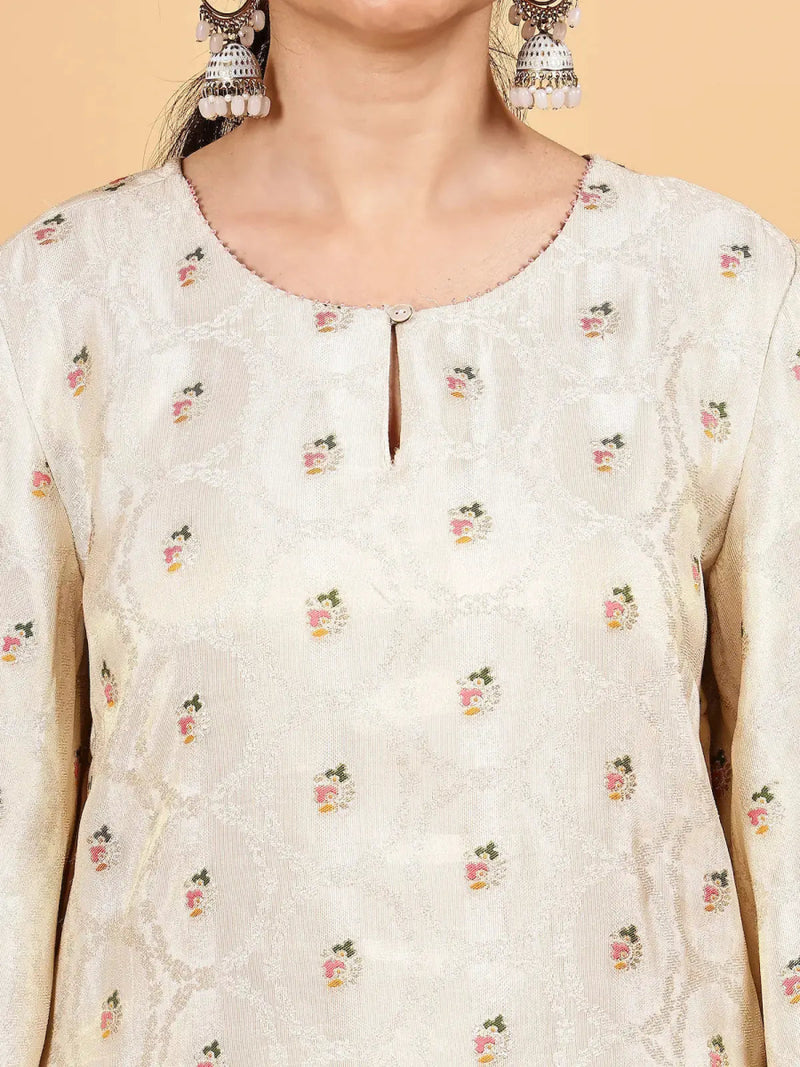 Off-White Kurta Pant Set with Contrast Dupatta