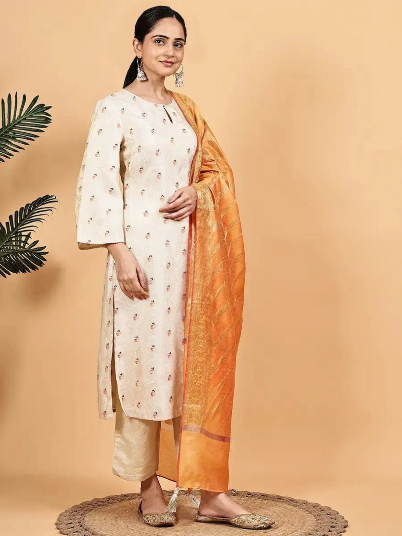 Off-White Kurta Pant Set with Contrast Dupatta