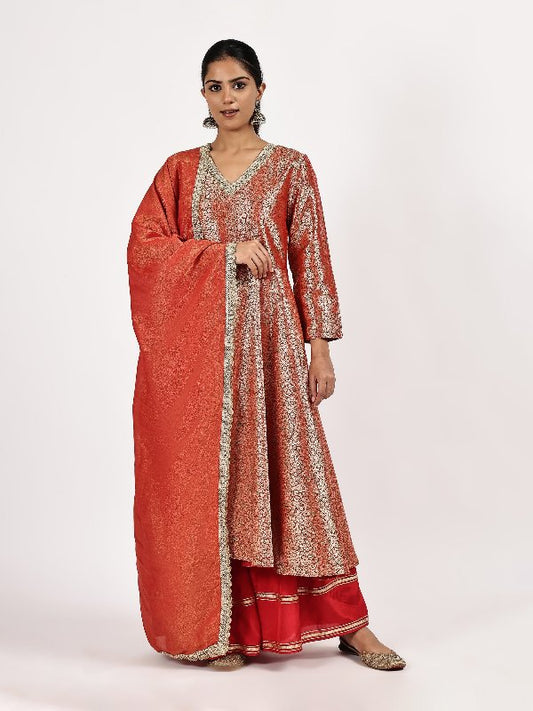Red Jacquard Kurta Set with Sharara