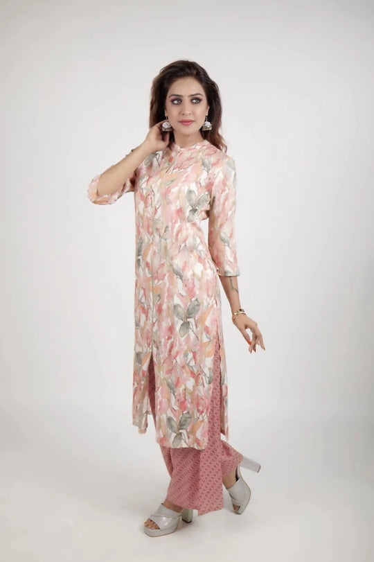 Pastel Floral Print Front-Slit Kurta with Wide-Leg Palazzos