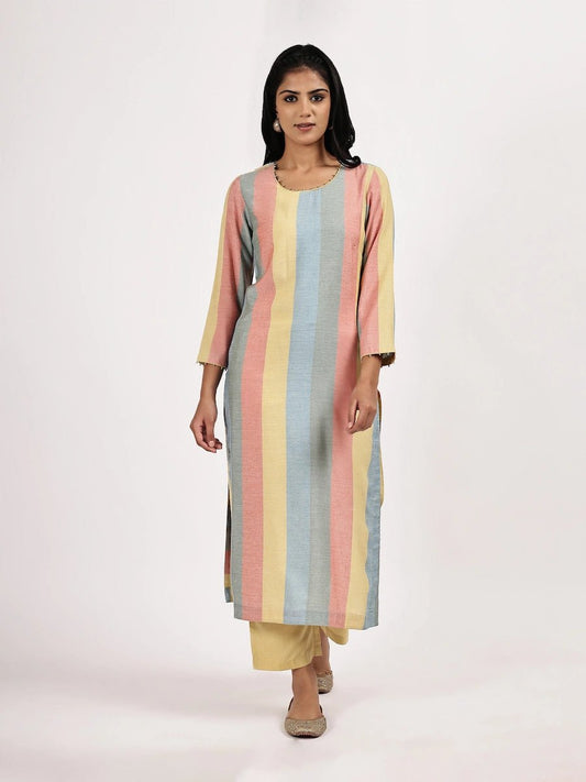 Pastel Stripped Kurta with Solid Pants product_color 2 Pcs Set