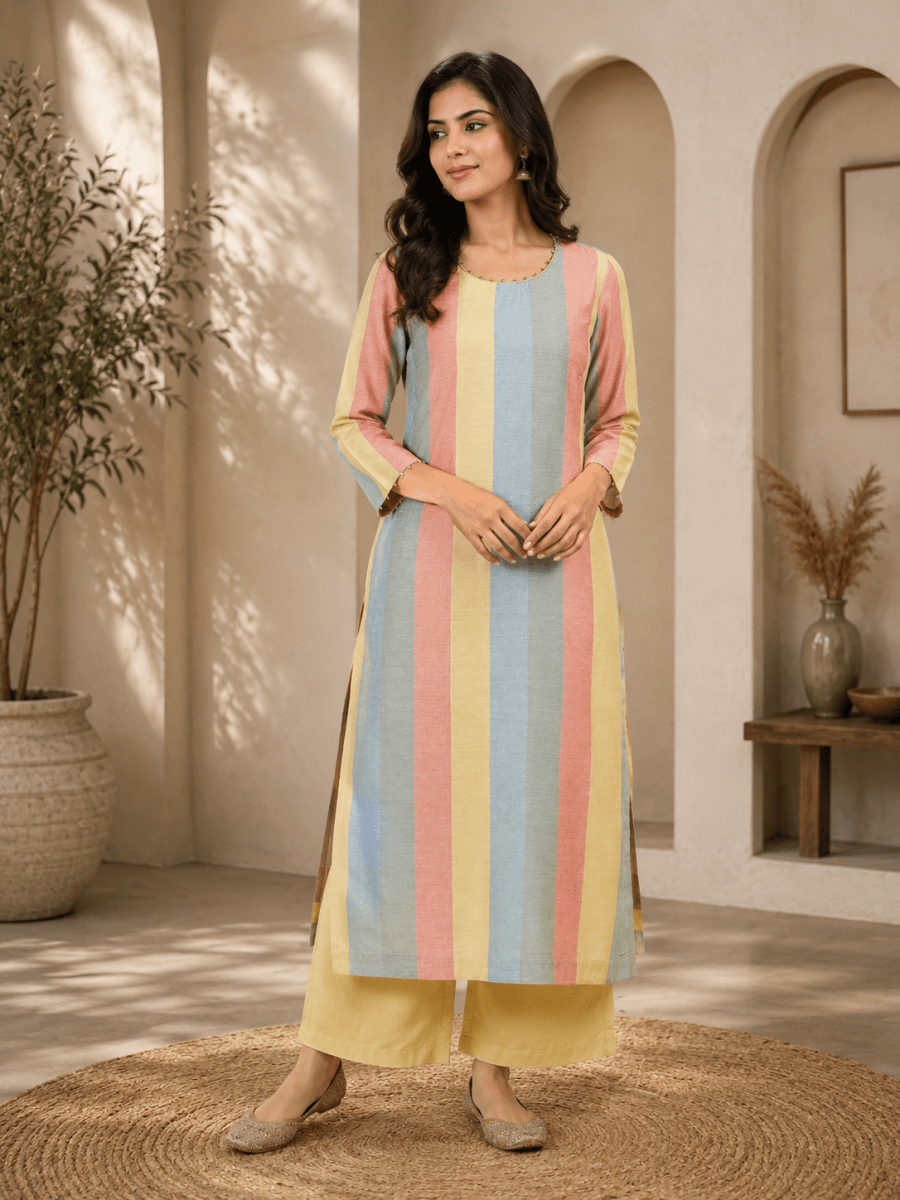 Pastel Stripped Kurta with Solid Pants product_color 2 Pcs Set
