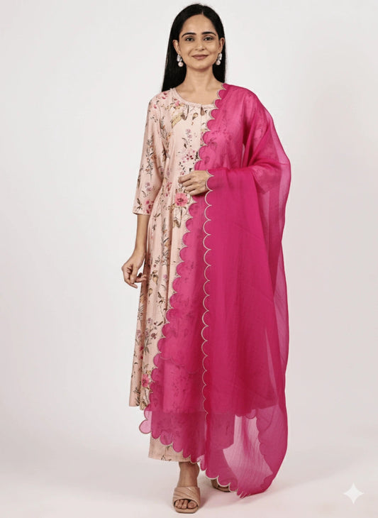 Peach Floral Viscose Kurta Set for Women with Dupatta | Festive & Party Wear product_color KURTA SET