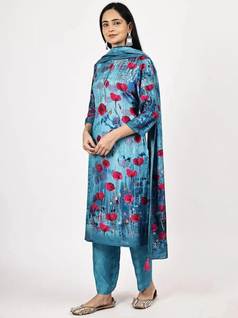 Pink and Blue Printed Kurta Set with Dupatta for Women