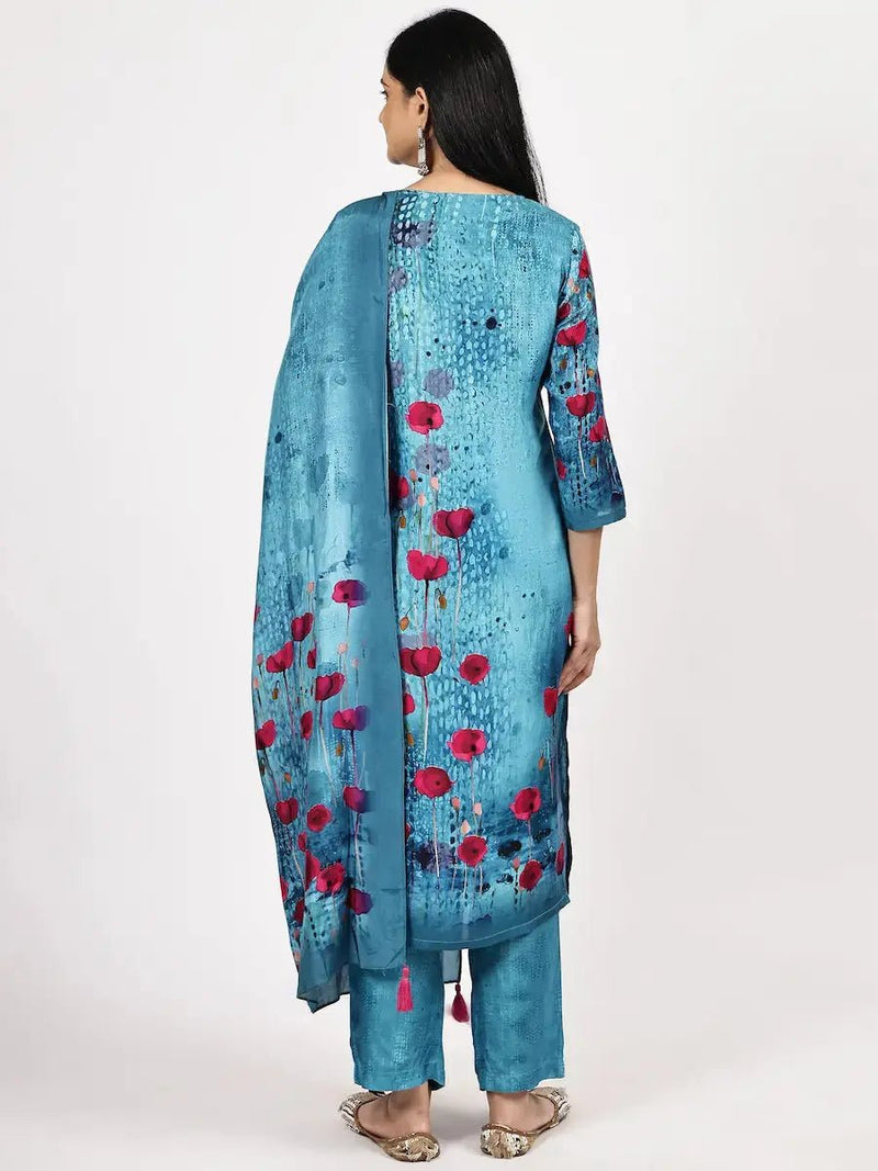 Pink and Blue Printed Kurta Set with Dupatta for Women