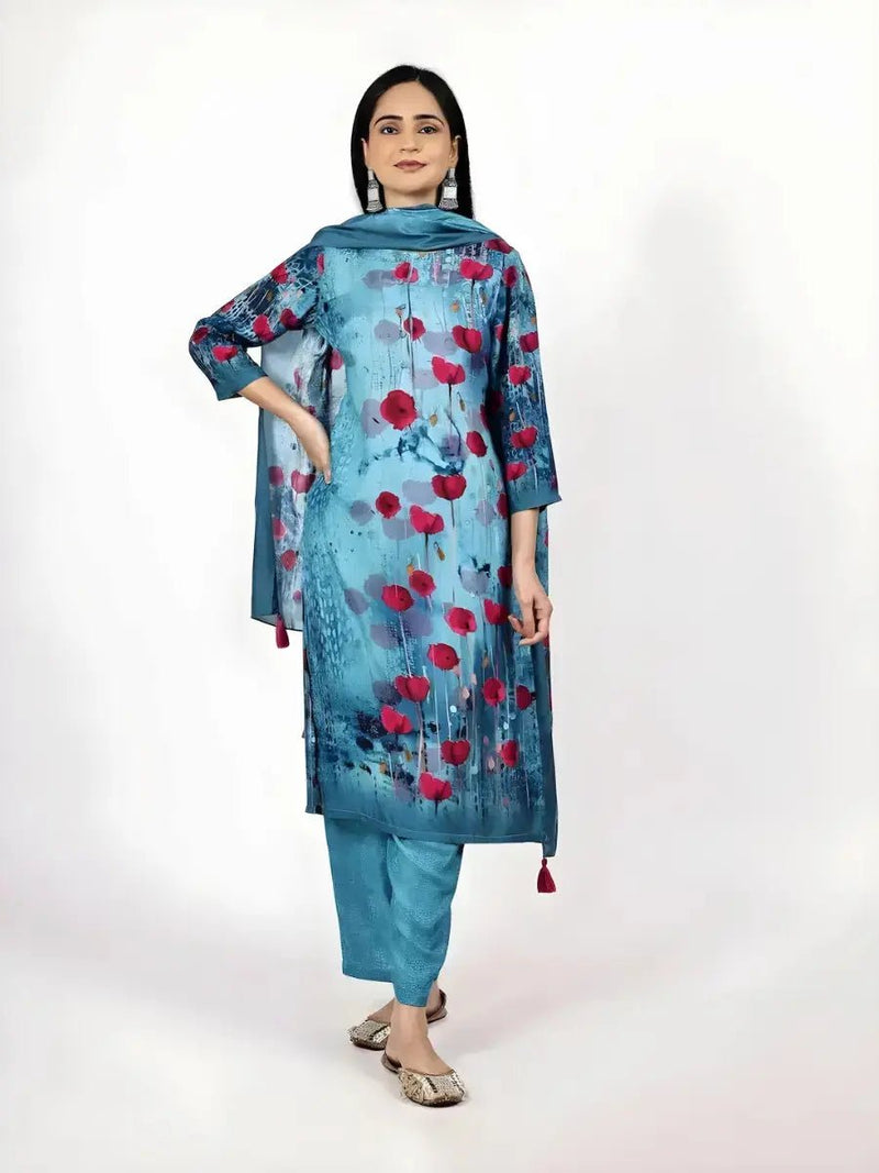 Pink and Blue Printed Kurta Set with Dupatta for Women