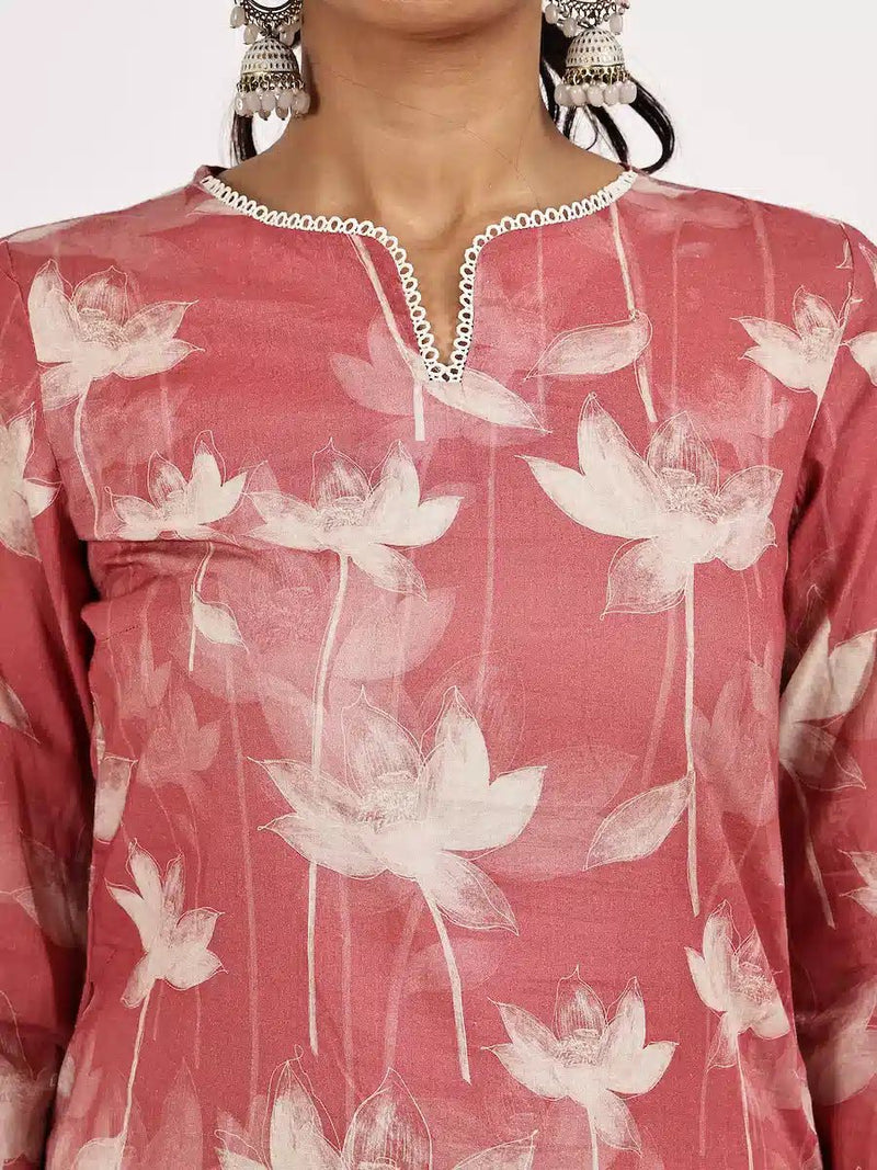 Pink printed kurta set with Ombre dupatta