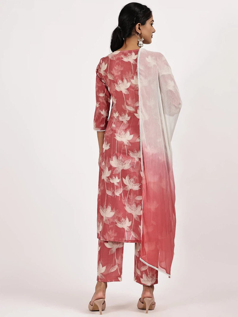 Pink printed kurta set with Ombre dupatta