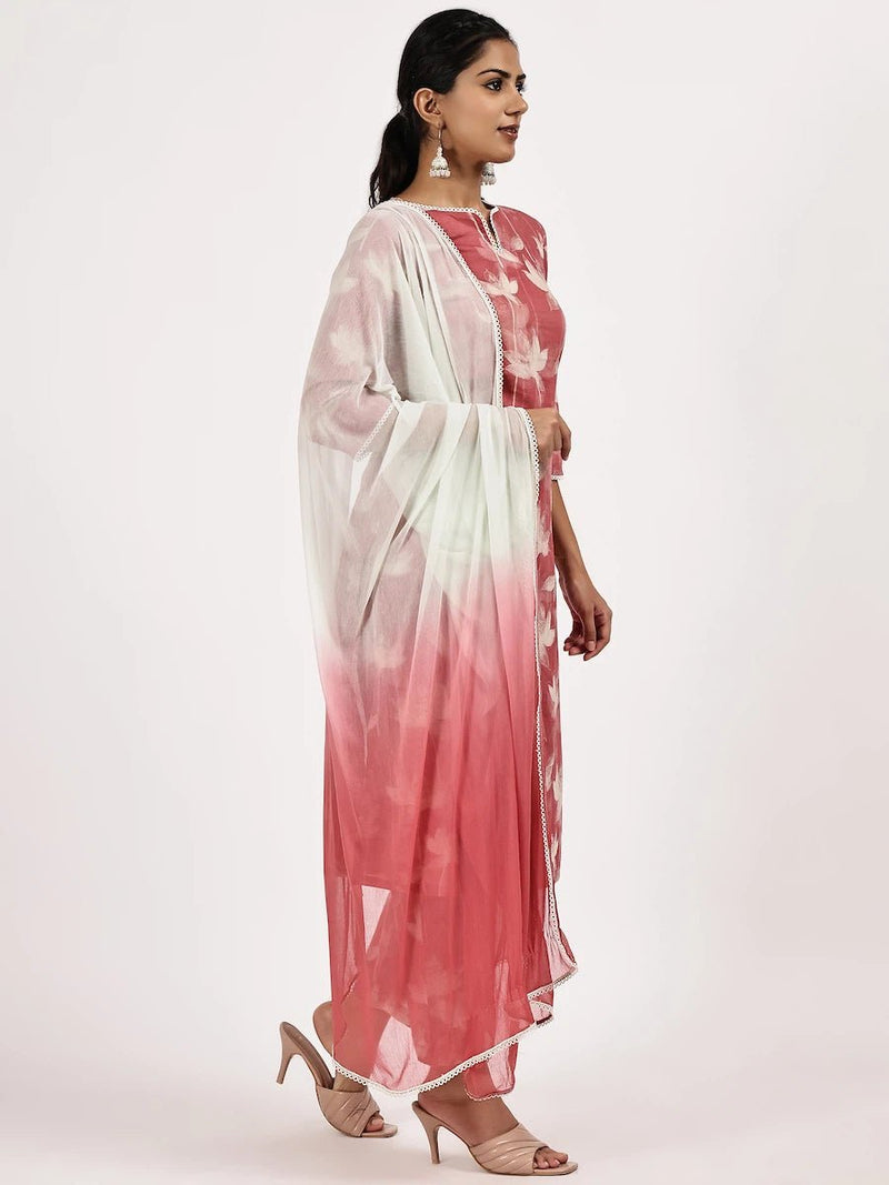 Pink printed kurta set with Ombre dupatta