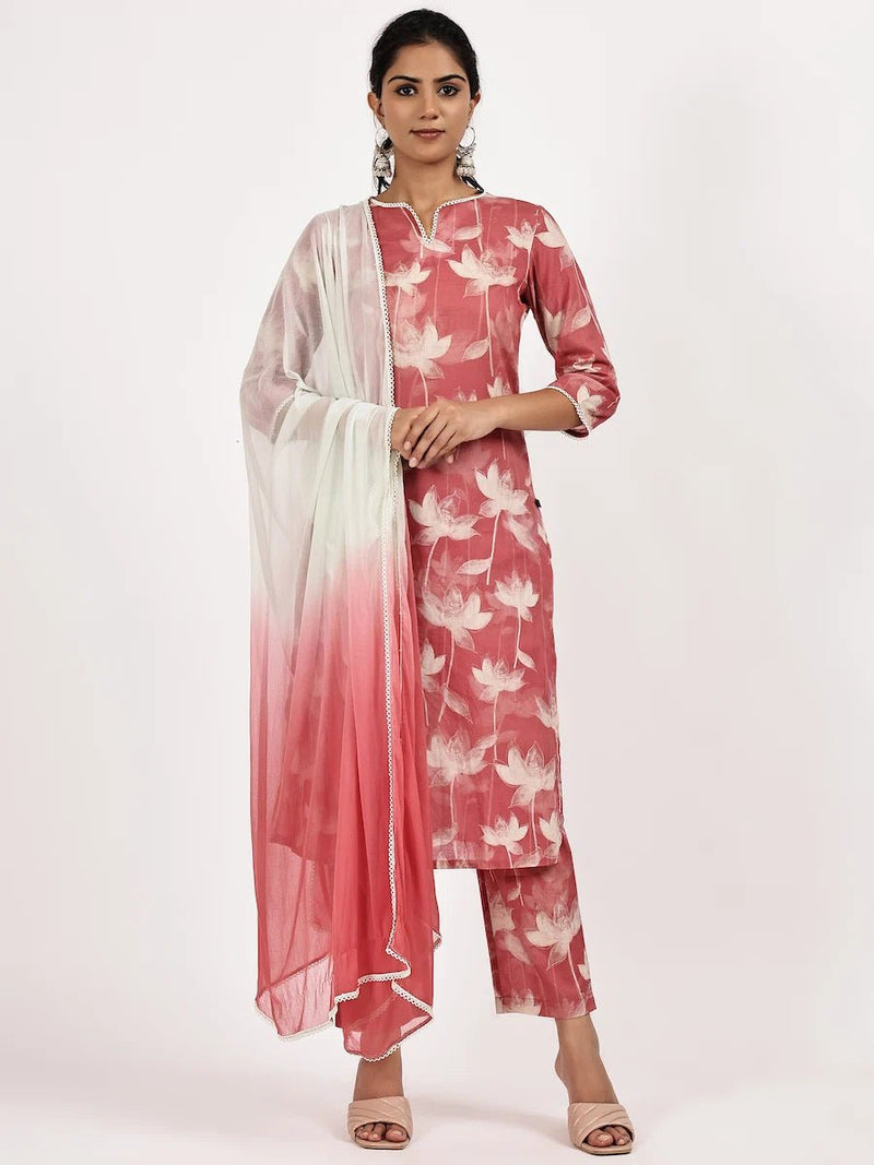 Pink printed kurta set with Ombre dupatta