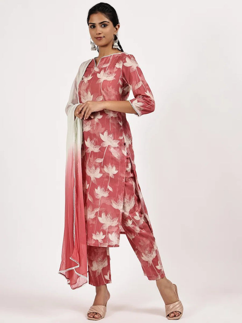 Pink printed kurta set with Ombre dupatta