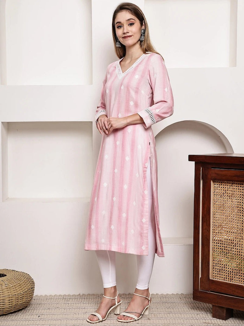 Pink Printed Straight Kurta with Lace Detailing