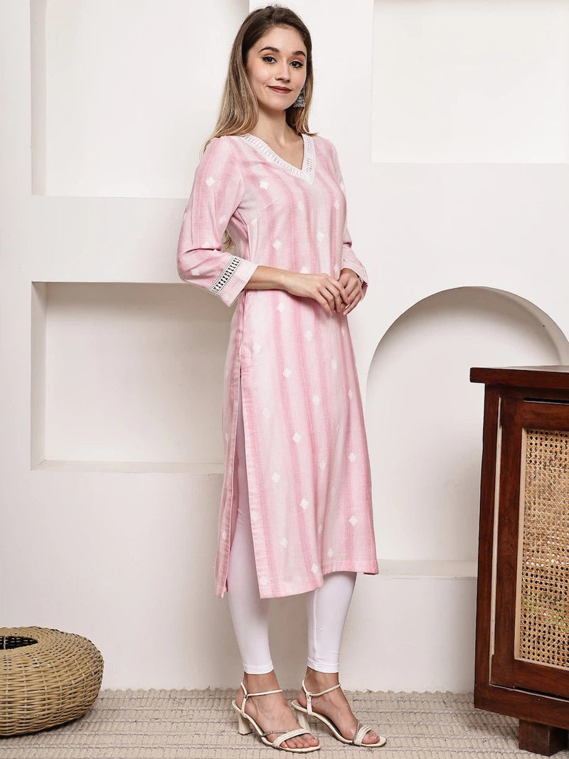 Pink Printed Straight Kurta with Lace Detailing