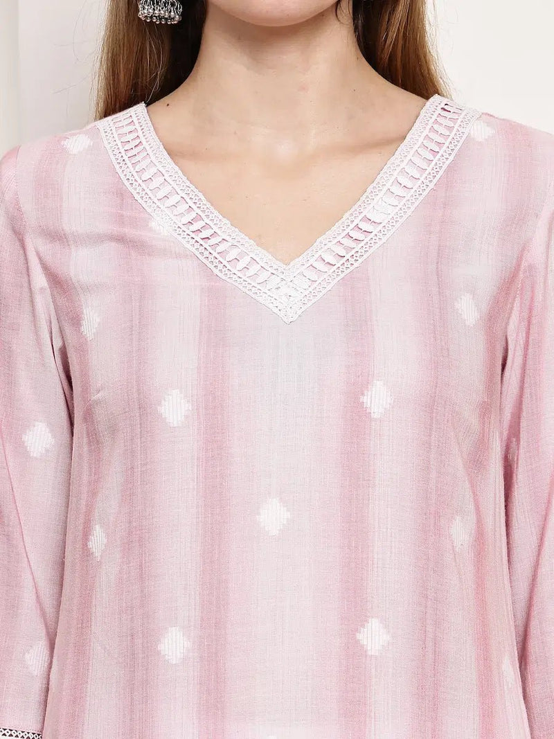 Pink Printed Straight Kurta with Lace Detailing