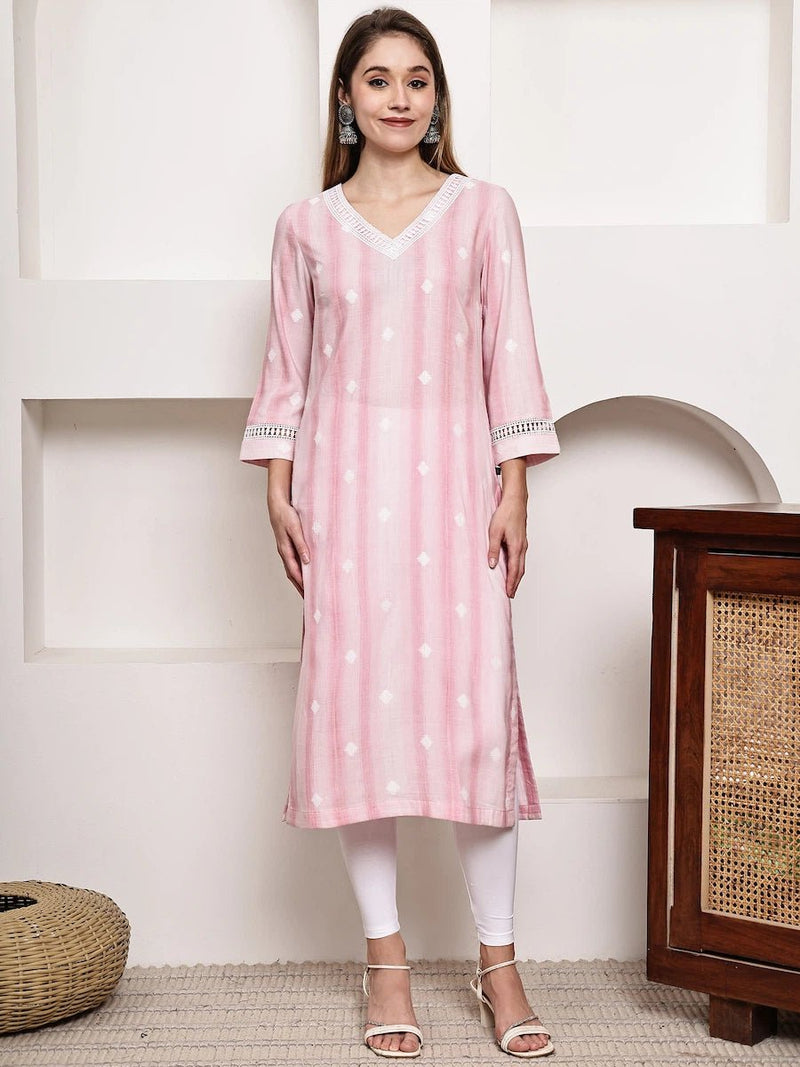 Pink Printed Straight Kurta with Lace Detailing
