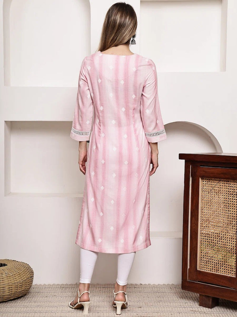 Pink Printed Straight Kurta with Lace Detailing