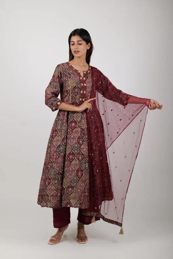 Printed Maroon Dress Along with Pants and Dupatta product_color KURTA SET