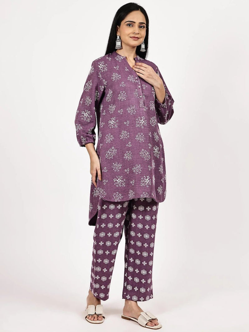 PURPLE EMBOSE FLORAL PRINT CO-ORD SET