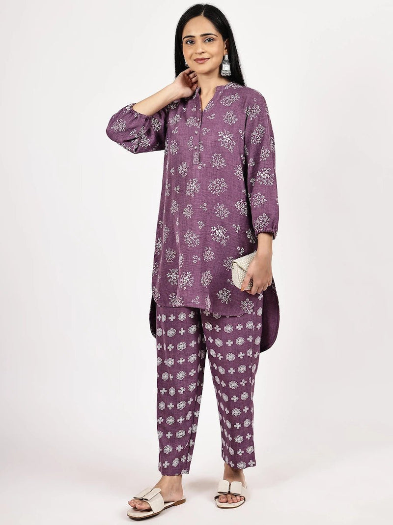 PURPLE EMBOSE FLORAL PRINT CO-ORD SET