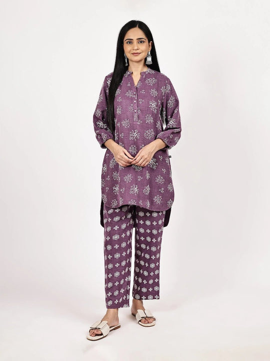 PURPLE EMBOSE FLORAL PRINT CO-ORD SET