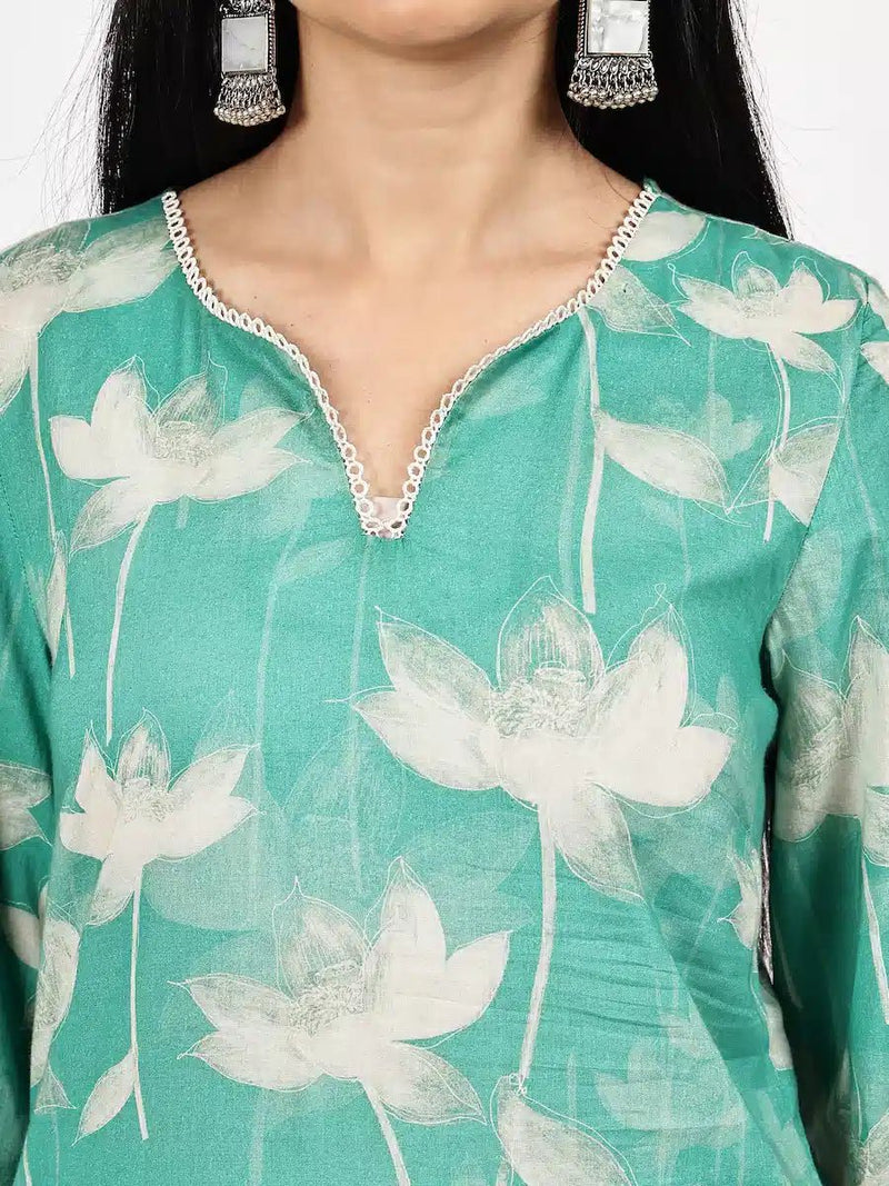Sea Green Printed Kurta Set with Dupatta
