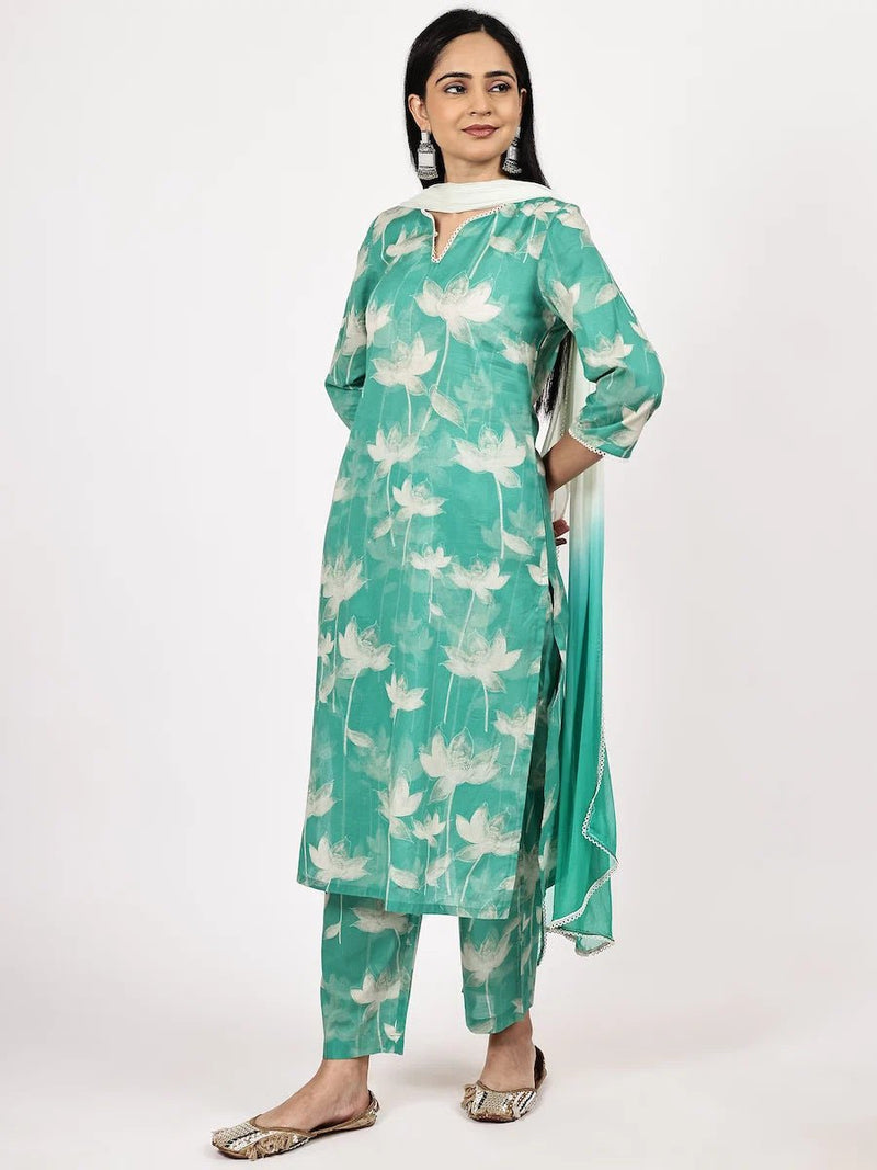 Sea Green Printed Kurta Set with Dupatta