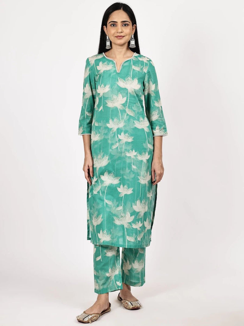 Sea Green Printed Kurta Set with Dupatta